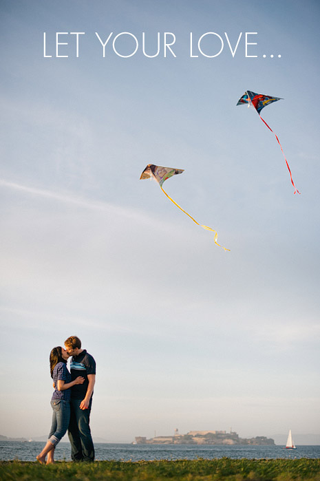 A couple kissing while flying kites in San Francisco, CA
