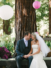 Wedding at San Mateo Garden Center with vhinese lanterns white and purple.